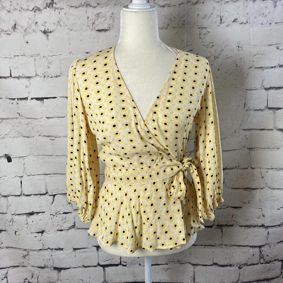 Anthropologie Ganni Blouse Yellow Wrap Tie Floral Cotton Women Size 2 New - Picture 1 of 11